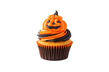Halloween cupcake with orange and black swirled frosting topped with pumpkin decoration, isolated on a transparent background
