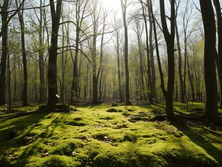 A sunlit forest floor covered in bright green moss with tall trees reaching for the sky