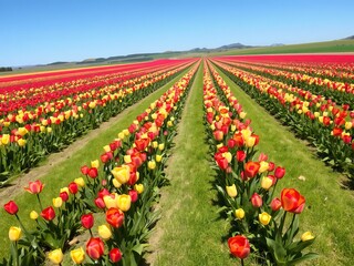 Rows of red and yellow tulips stretching into the distance under a clear blue sky day