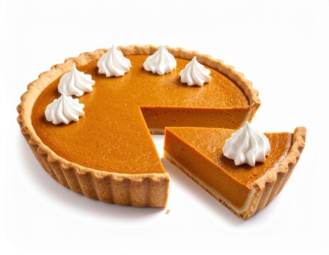 Golden pumpkin pie features a perfect slice removed and placed alongside, each piece topped with a dollop of white cream on a clean background.