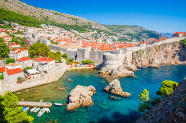 Panoramic view on walls and buildings of famous old city Dubrovnik, Croatia