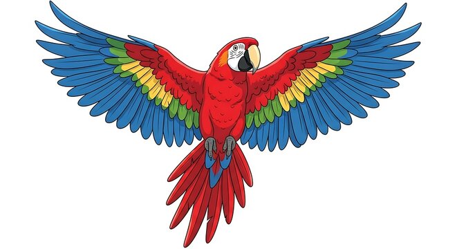 An isolated cartoon illustration of a colorful blue, yellow, and red macaw parrot with wings spread open and a prominent beak