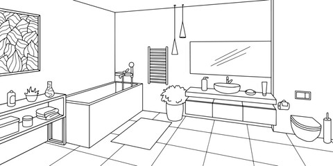 Bathroom graphic home interior black white sketch illustration vector 