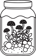 Black and white drawing of mushrooms in a jar fungi