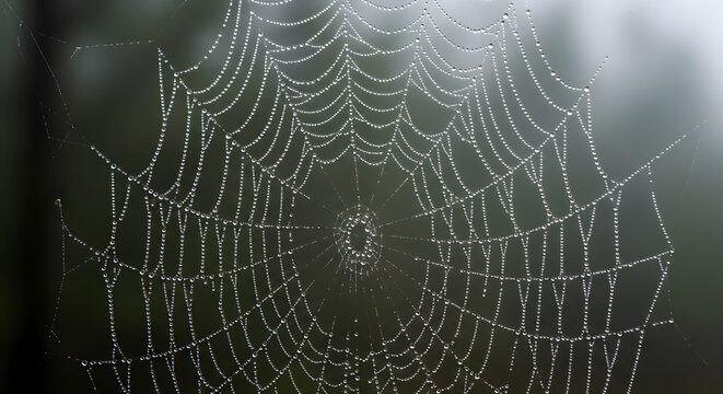 The delicate and intricate geometry of a spider's web glistening with morning dew against a misty background. - Powered by Adobe