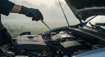 Mechanic inspecting car engine with oil dipstick outdoors, emphasizing automotive maintenance, vehicle care, and mechanical work in natural environment
