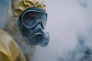 A man in a yellow suit with a gas mask on his face