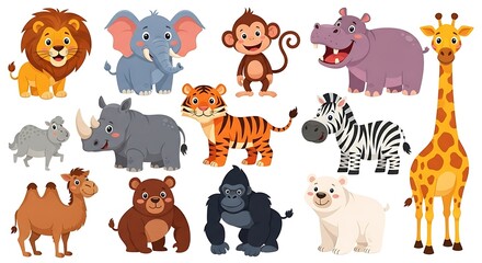 Fototapeta premium A cute cartoon collection of wild animals like a lion, bear, and giraffe