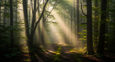 Obraz premium Ethereal sunbeams filter through a misty green forest, illuminating a tranquil path in a magical woodland