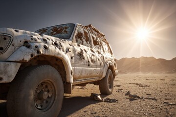 Abandoned civilian vehicle with shrapnel holes, shattered glass, desert backdrop, harsh sunlight.