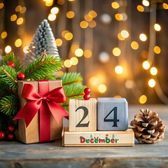 Holiday composition with a wooden calendar and the inscription "December 24" with Christmas decorations on a blurred background with a bokeh effect.