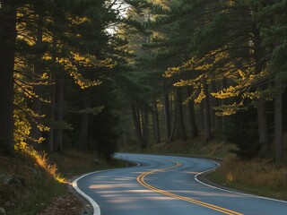 Winding road through a dense forest with tall trees and sunlight filtering through leaves