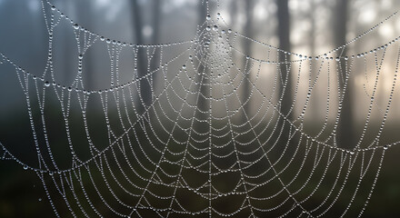 An intricate spider's web covered in morning dew droplets with a misty and atmospheric forest background.