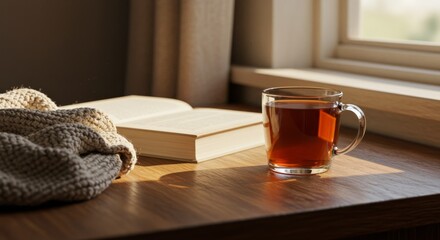 Sunny windowsill with open book, cozy knitted blanket, and glass mug of tea, creating a warm, inviting reading spot bathed in natural light