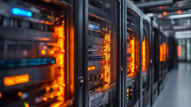 A close up view of multiple server racks in a data center with glowing orange lights inside them