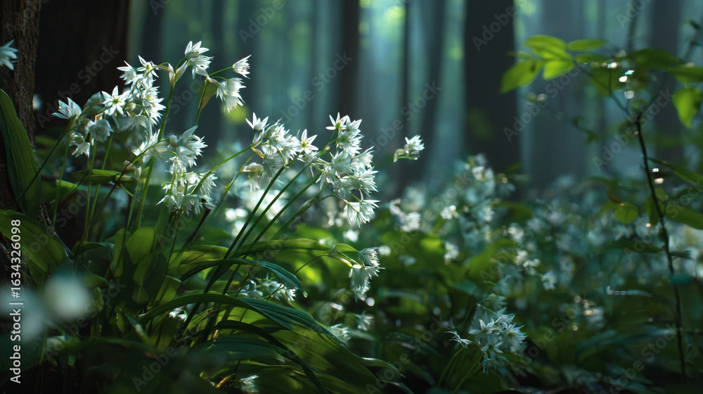 Poster a view of white flowers blooming in a forest with soft light filtering through the trees in the back