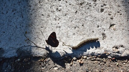 Elegant Butterfly Silhouette with Caterpillar in Shadow
