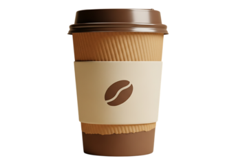 Disposable coffee cup with sleeve and coffee bean logo isolated on transparent background