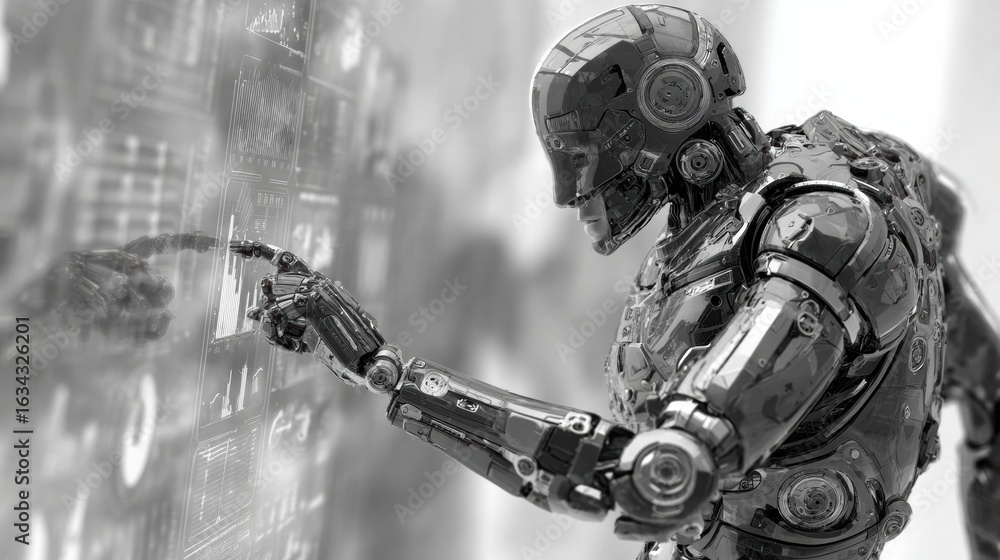 Poster robot interacting with digital interface in a futuristic environment showcasing advanced technology