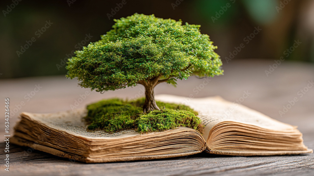 Poster a small tree growing on an open book with moss on a wooden surface in a blurred background setting