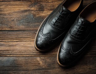 Top-down view of black brogues on a wooden surface