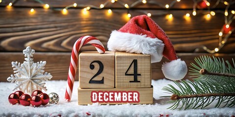 Holiday composition with Santa hat on wooden calendar and the inscription "December 24" with Christmas decorations on a blurred background with garlands.