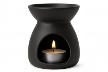Black ceramic oil burner warming fragrant oil with a small burning tealight candle, isolated on transparent background