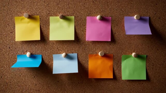 Colorful sticky notes pinned on a corkboard, organized in rows.