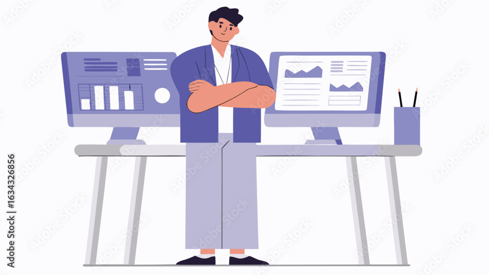 Poster illustration of a man standing with folded arms in front of two computer screens on a white backgrou