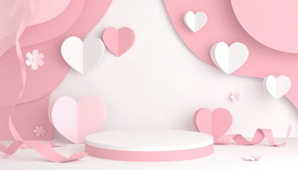 Pink and white paper hearts stage podium background, 3D papercraft romantic scene with ribbon and flowers, minimal love display, valentine, wedding, product presentation, pastel decor