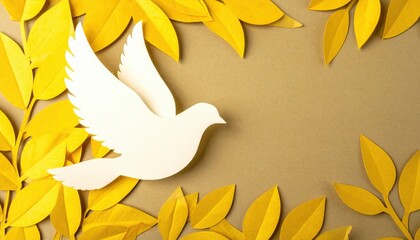 White paper dove flying with golden yellow leaves, minimalist peaceful background, cutout papercraft design for invitation, greeting card, peace, memorial, hope, nature, spirituality