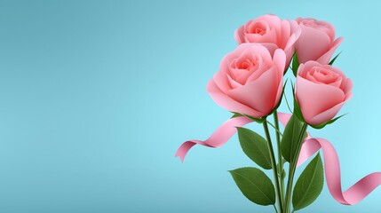 Pink rose bouquet with ribbon on blue background, romantic floral design, elegant flower arrangement, love, wedding, Valentine’s, celebration, copy space for text, invitation, greeting card