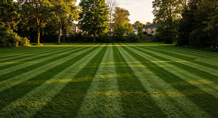 Fototapeta premium Lush green striped lawn with neatly mowed grass in sunlight 