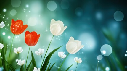 Tulip fantasy background, red and white tulips with glowing light and dreamy bokeh, elegant spring flower field, magical garden scene, beautiful floral nature design, illustration for greeting card