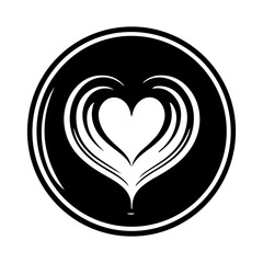 Black circle with white heart and latte art design love coffee