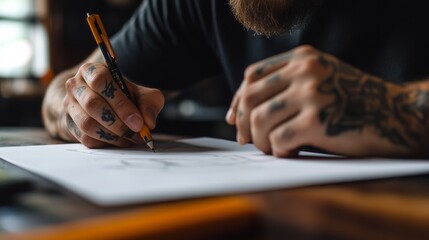 Tattoo artist creating a custom sketch for a client, close-up on hand drawing