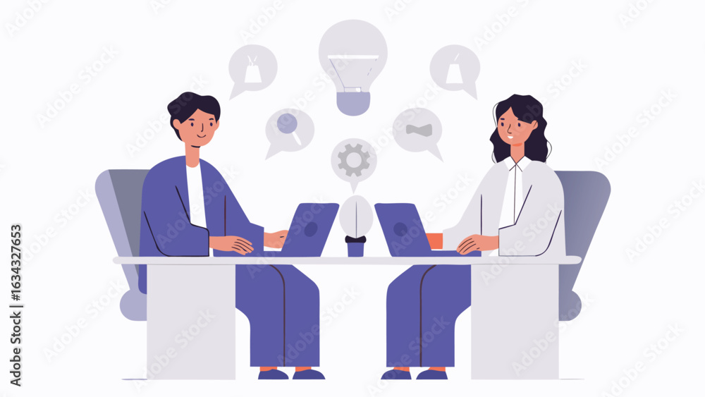 Poster two people at a desk with laptops generating ideas represented by lightbulbs and speech bubbles abov
