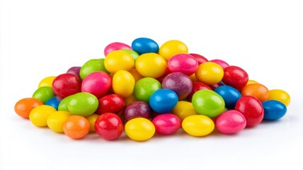 Colorful dragee candy pile on white background. Neural network AI generated