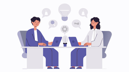 Obraz premium Two people at a desk with laptops generating ideas represented by lightbulbs and speech bubbles above them