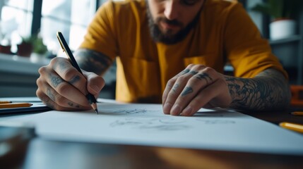 Tattoo artist sketching on paper with pencils and ink, table filled with design tools