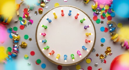 Birthday cake with lit candles and colorful confetti. Celebration background for festive events and happy occasions.