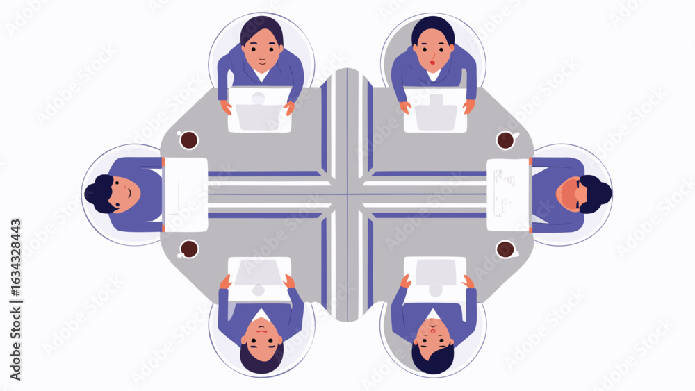 Poster overhead view of business meeting with eight people at a table using laptops and drinking coffee