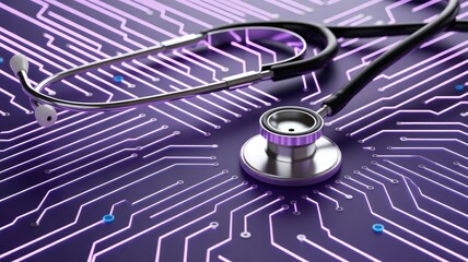 Stethoscope resting on glowing purple circuit board medical health 2025 2026 download