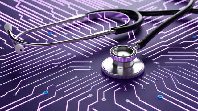 Stethoscope resting on glowing purple circuit board medical health 2025 2026 download