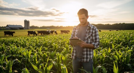 A man farmer using a digital tablet in a corn field at sunset. Smart farming and agricultural innovation concept for rural business.