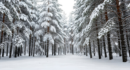 Majestic pine trees blanketed in deep snow create a breathtaking winter wonderland path in a peaceful and tranquil forest landscape.