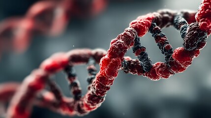 Red dna double helix structure against a blurred gray background.