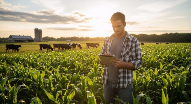 A man farmer using a digital tablet in a corn field at sunset. Smart farming and agricultural innovation concept for rural business.