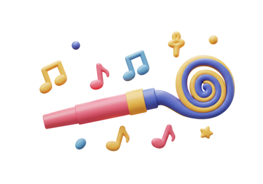 Isolated Festive Party Horn Blower with Musical Notes