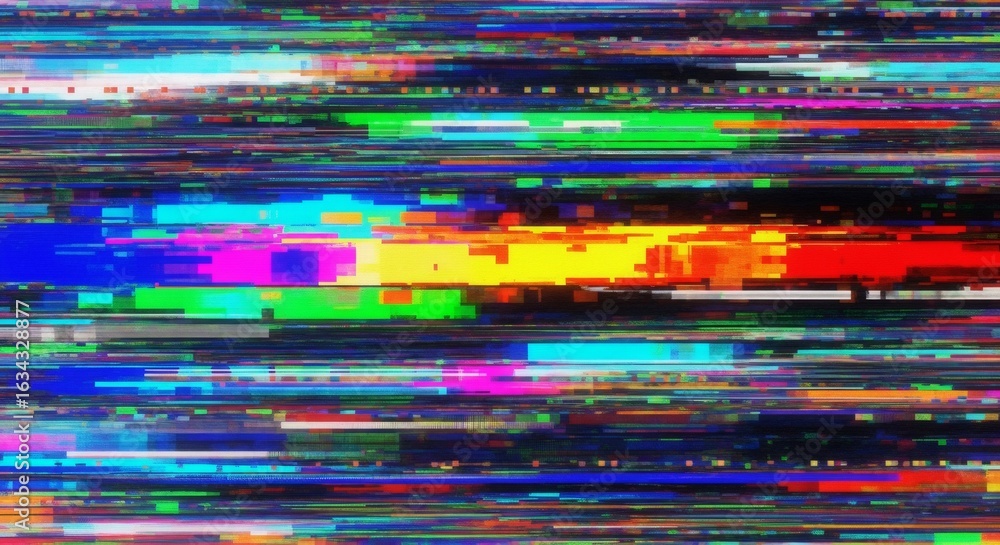 Poster colorful glitched screen background. digital static signal interference for video, computer game str